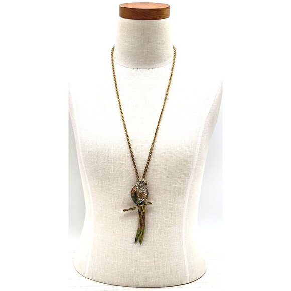Vintage Rhinestone and Enamel Parrot Pendant Necklace Gold-Tone Metal 24" Chain - Picture 6 of 6